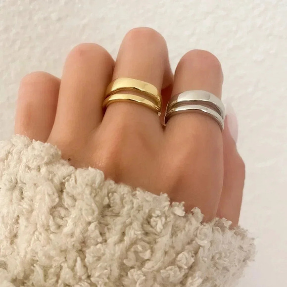 925 Sterling Silver Dainty Minimalist Ring Stackable Double Layer Ring Band - Picture 2 of 8